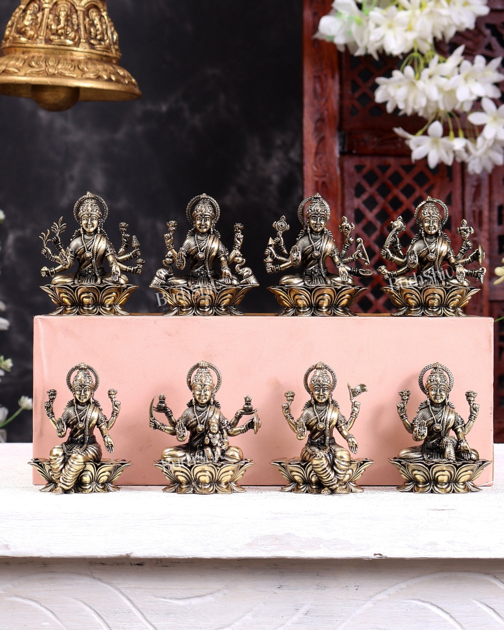 Brass Ashtalakshmi Set of 8 Idols – Superfine Quality Handcrafted Goddess Lakshmi Statues 3 inch - Budhshiv.com