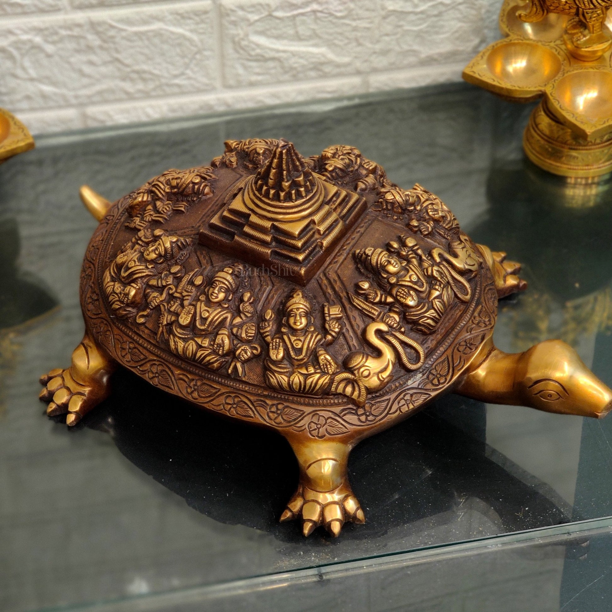Brass Ashtalakshmi Shree Yantra on Tortoise - Budhshiv.com
