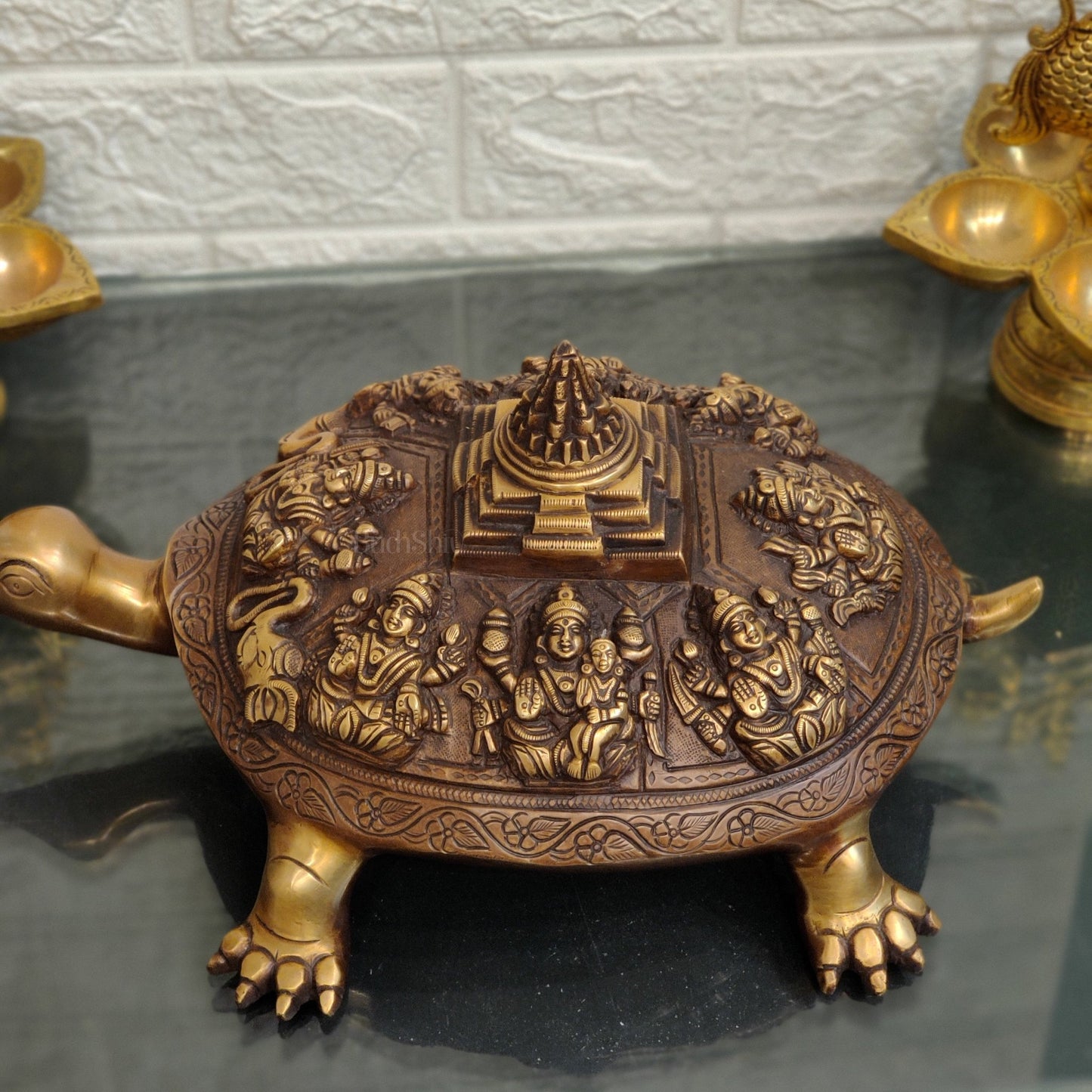 Brass Ashtalakshmi Shree Yantra on Tortoise - Budhshiv.com