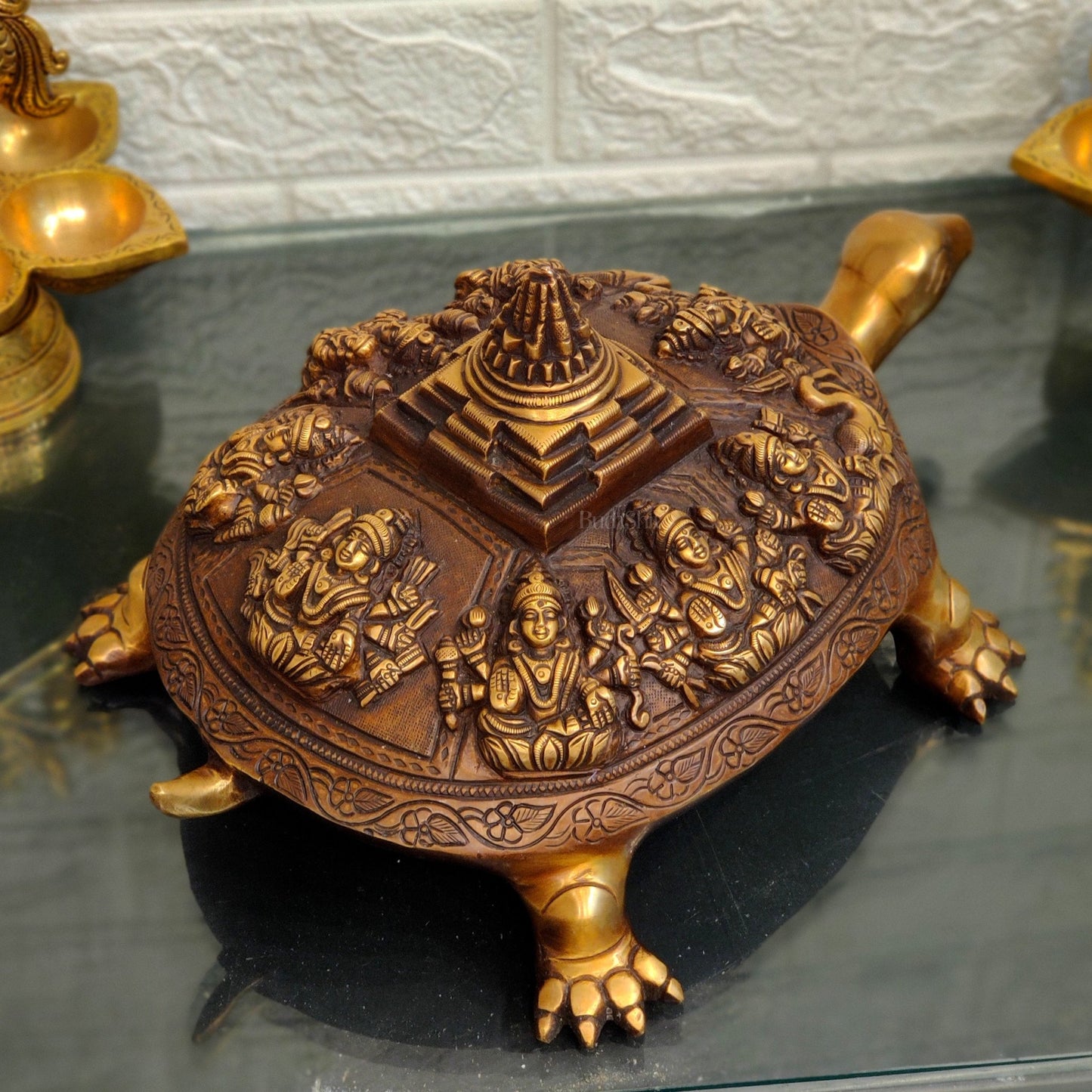 Brass Ashtalakshmi Shree Yantra on Tortoise - Budhshiv.com