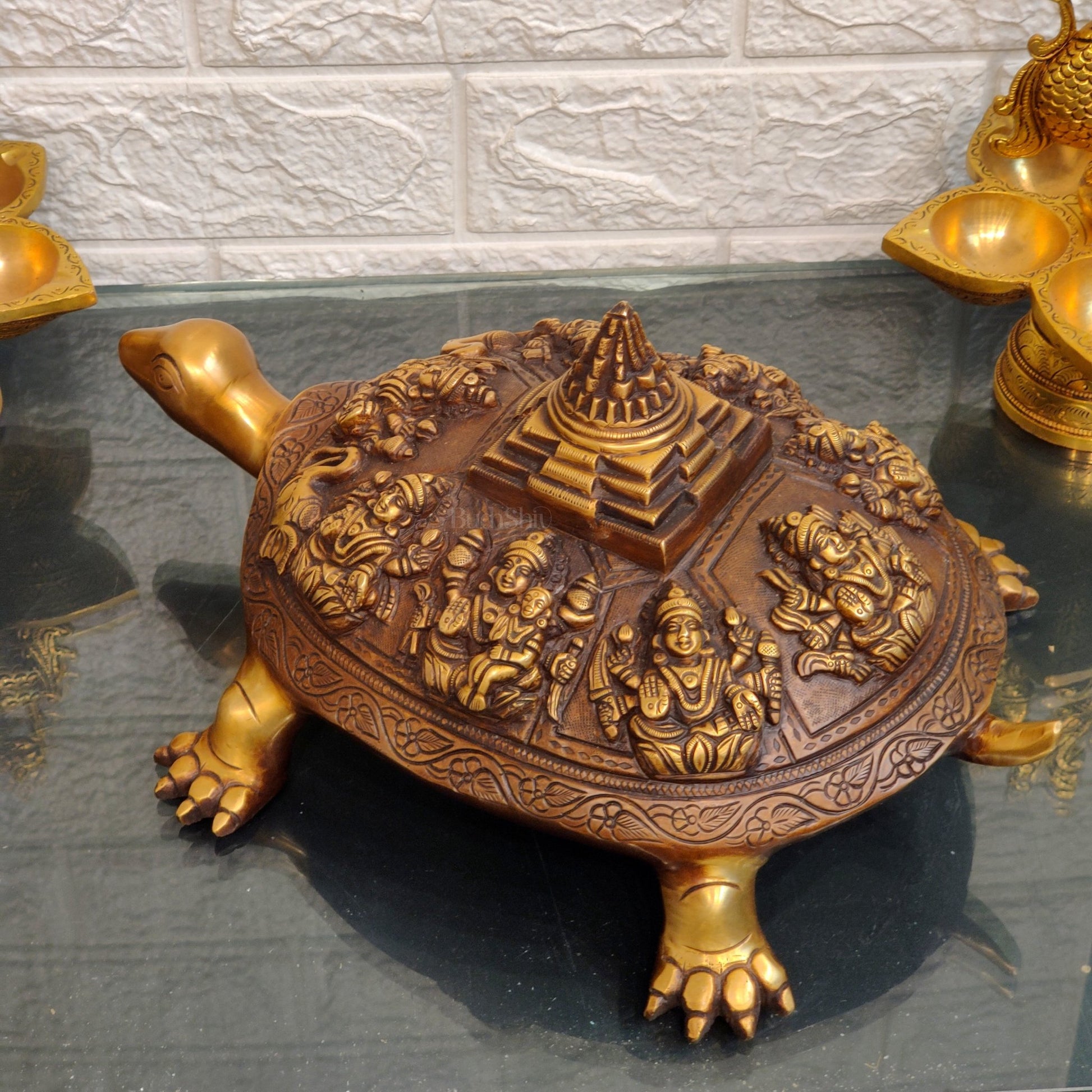 Brass Ashtalakshmi Shree Yantra on Tortoise - Budhshiv.com
