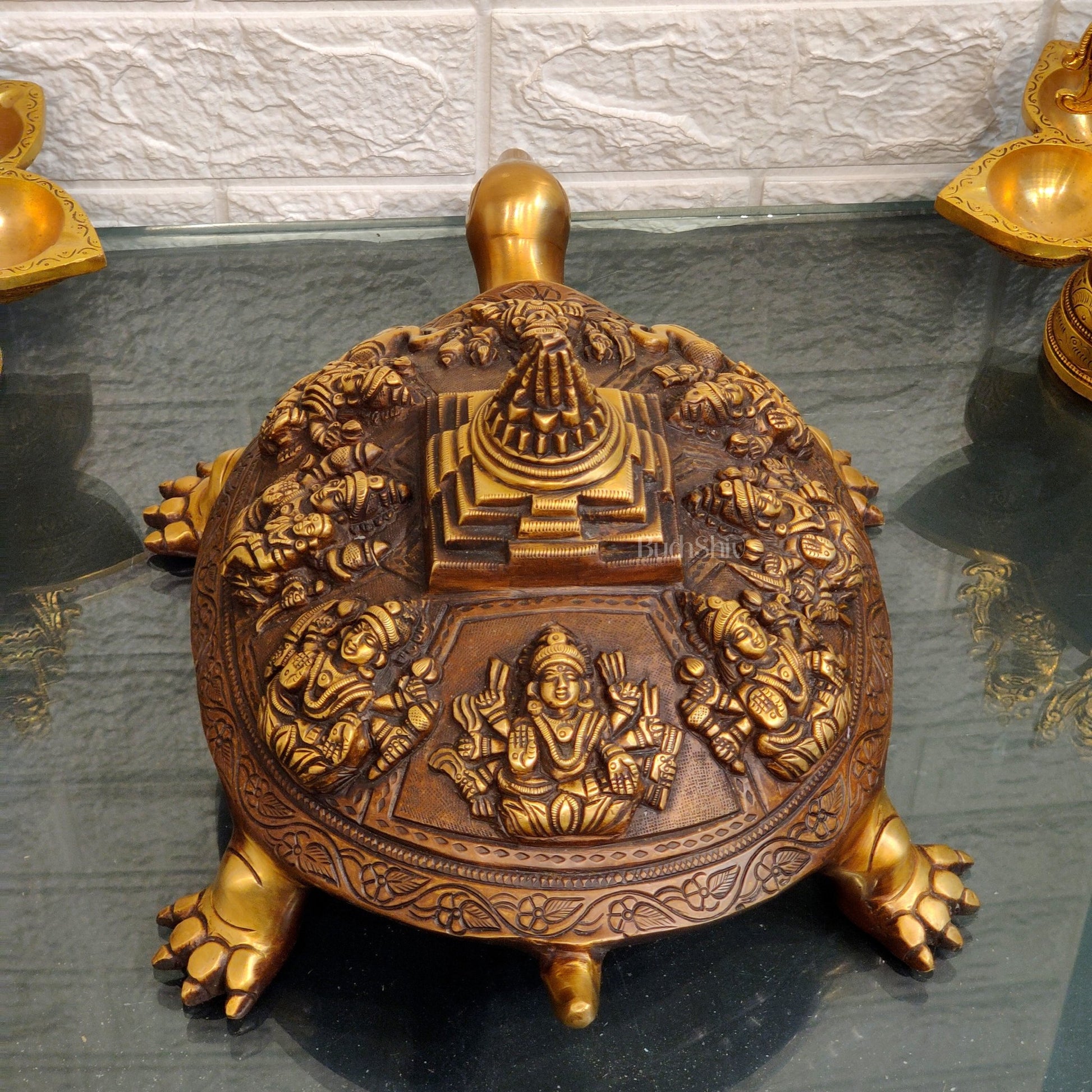 Brass Ashtalakshmi Shree Yantra on Tortoise - Budhshiv.com