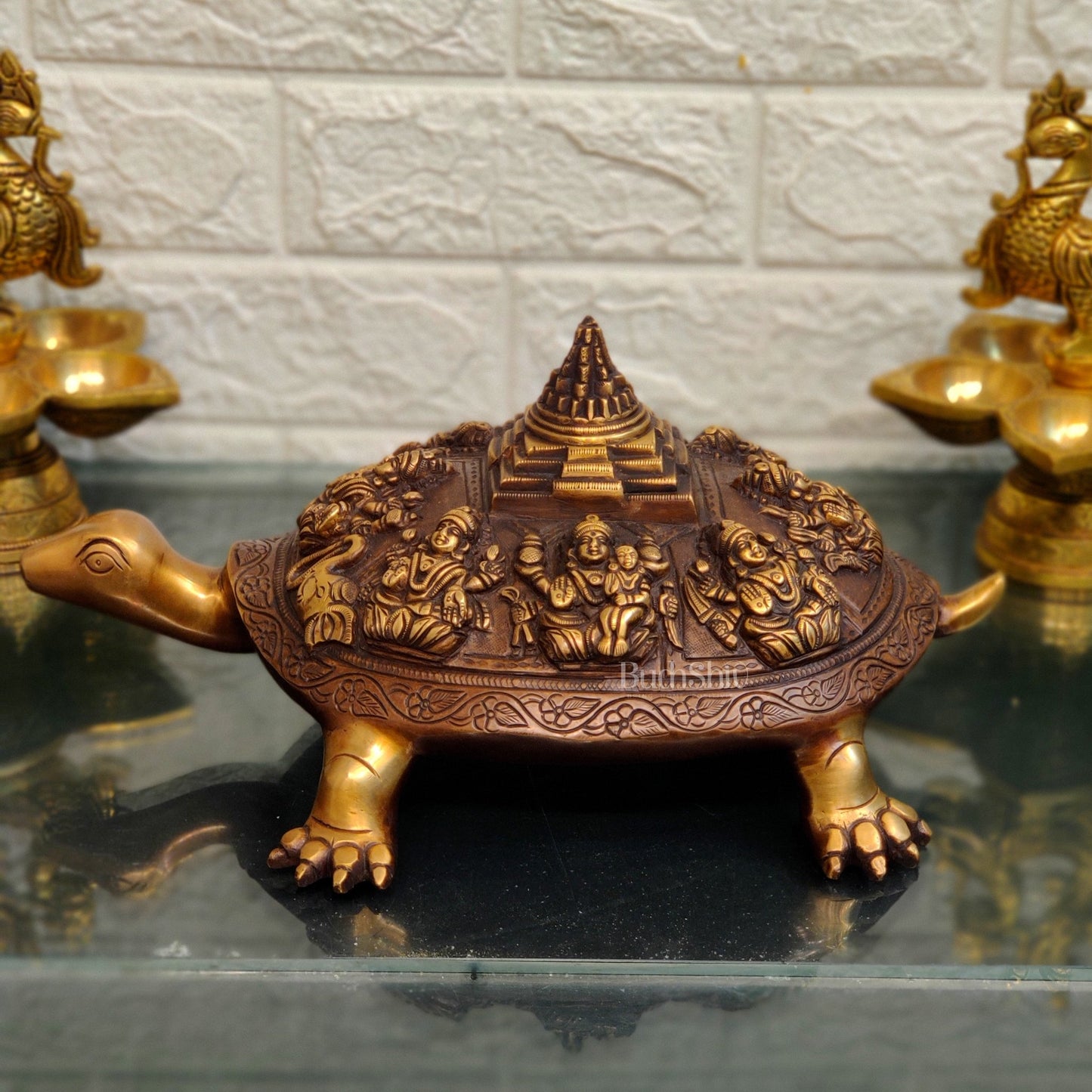 Brass Ashtalakshmi Shree Yantra on Tortoise - Budhshiv.com
