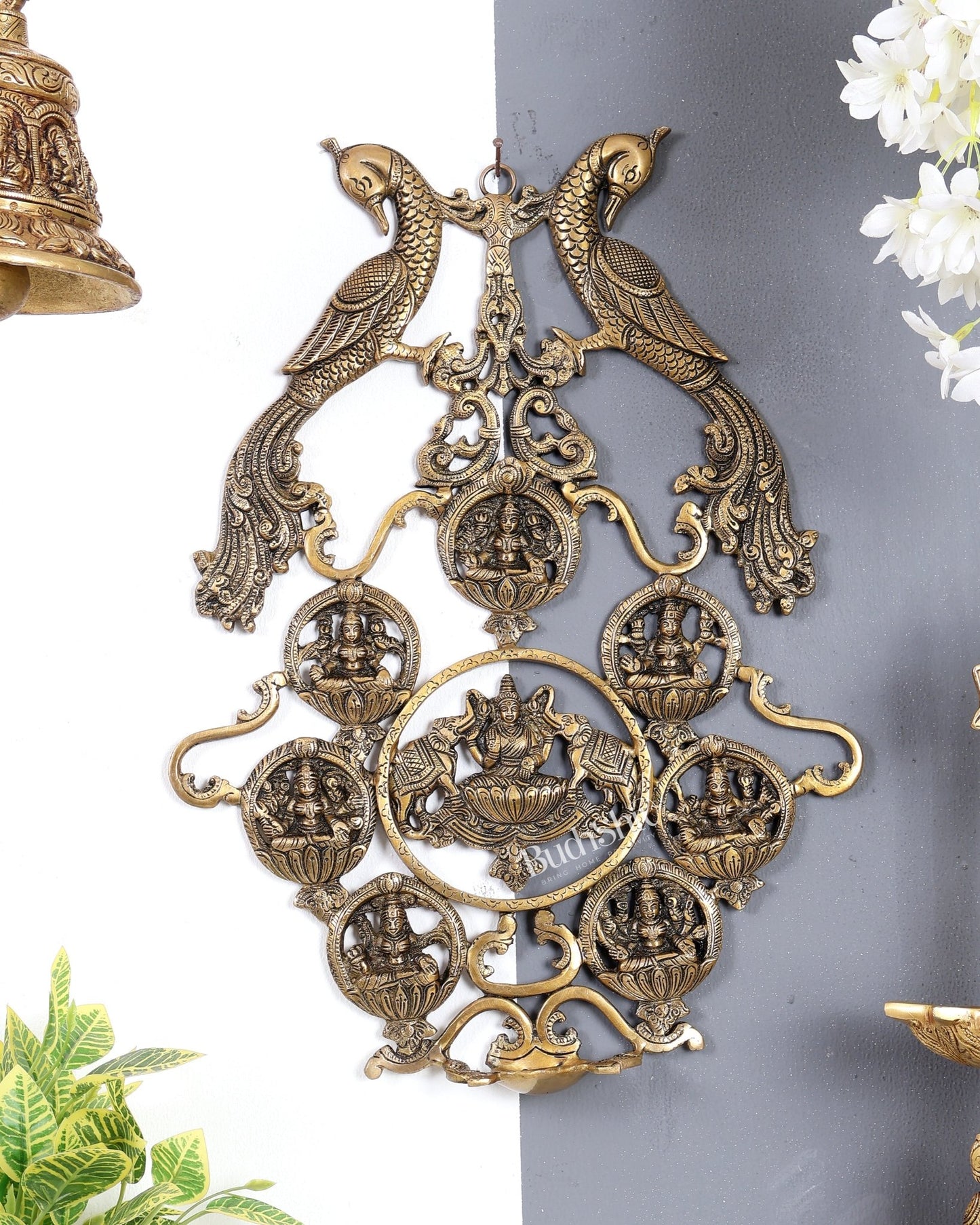 Brass Ashtalakshmi Wall Hanging with Diya – Handcrafted Auspicious Temple Wall Décor 18.5 inch - Budhshiv.com