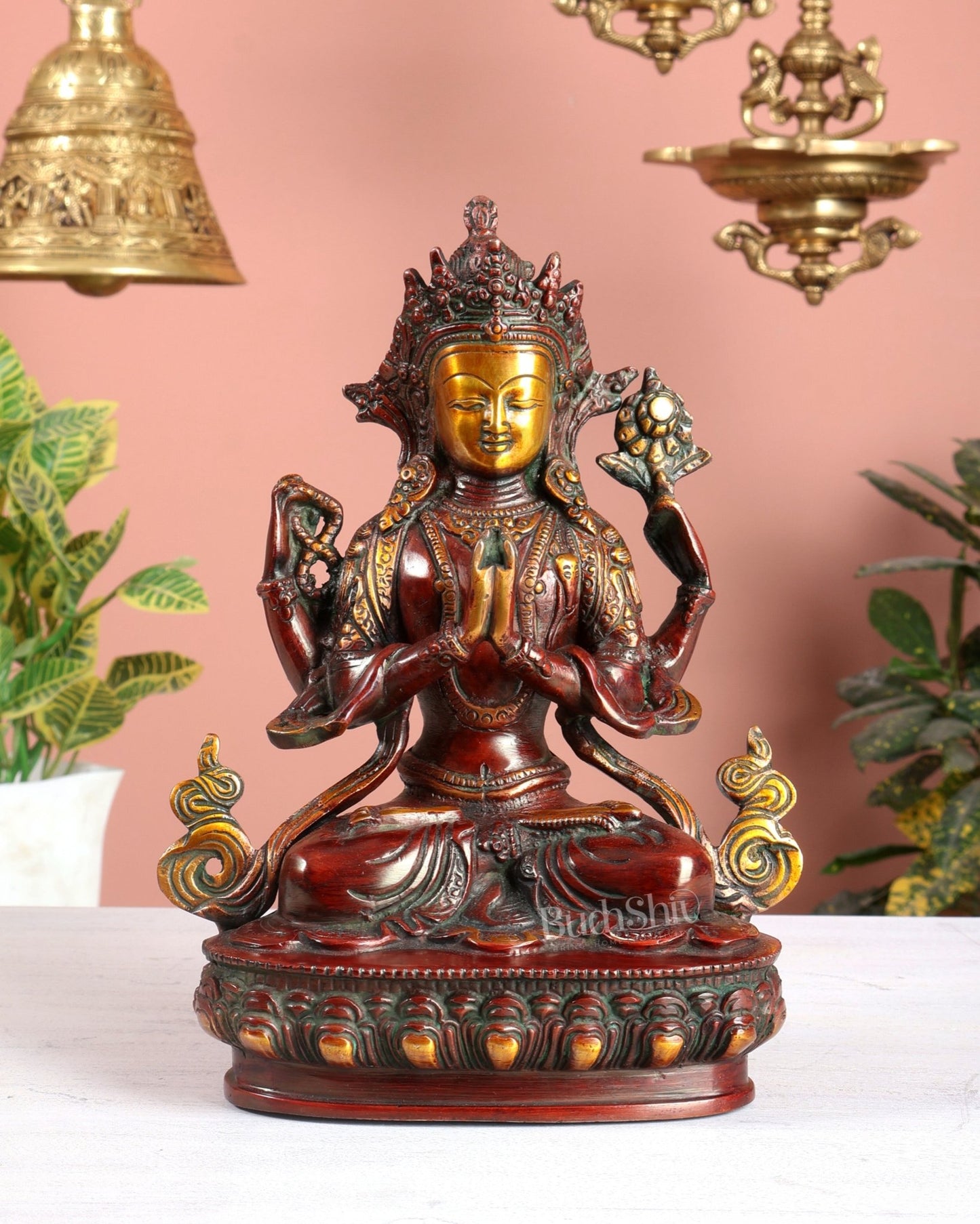 Brass Avalokiteshvara Tibetan Buddha Statue – 4 Armed Chenrezig Copper Tone Bodhisattva 20" - Budhshiv.com