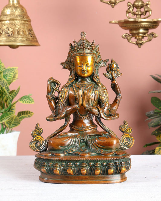 Brass Avalokiteshvara Tibetan Buddha Statue – 4 Armed Chenrezig Dual Tone Bodhisattva 20" - Budhshiv.com