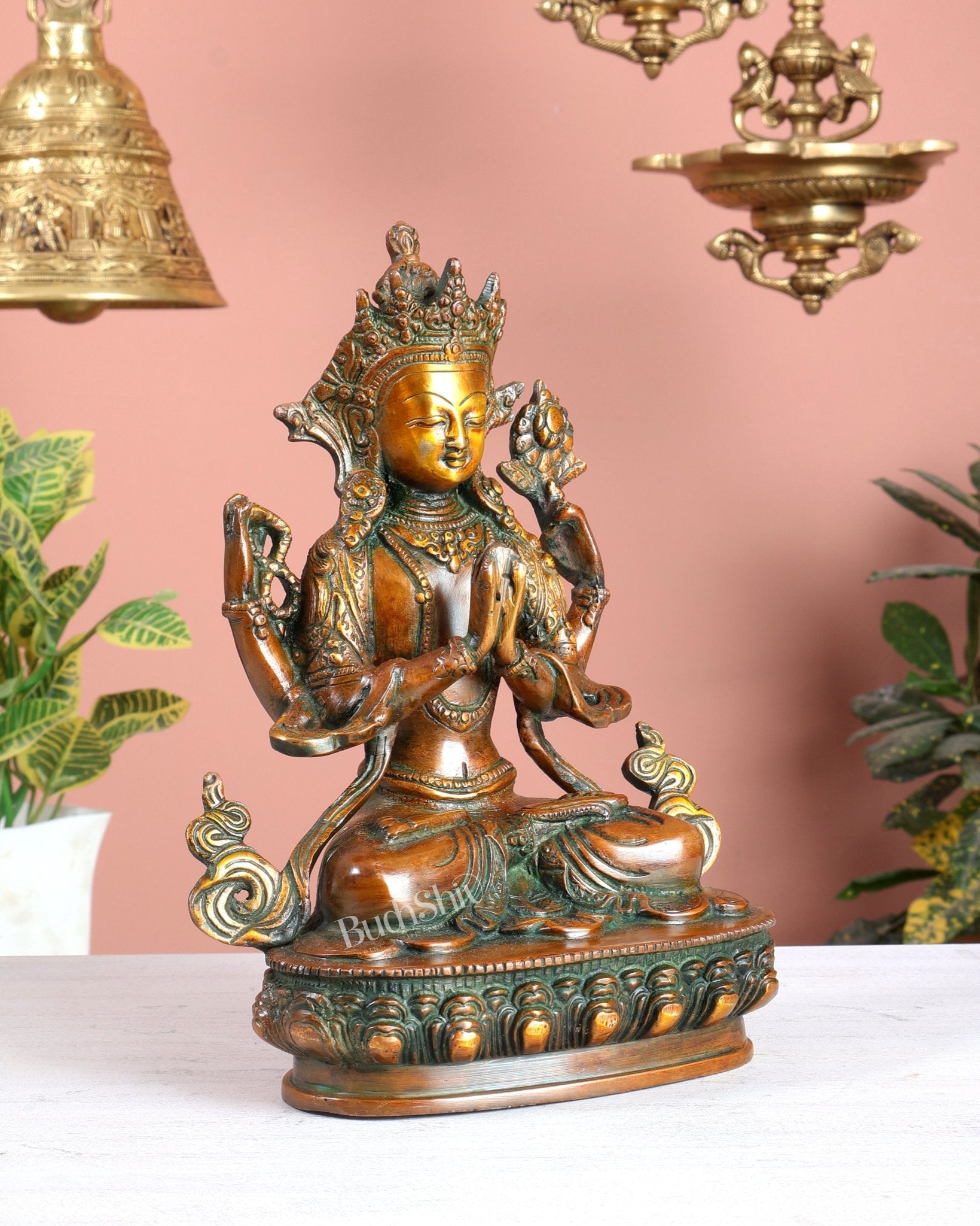 Brass Avalokiteshvara Tibetan Buddha Statue – 4 Armed Chenrezig Dual Tone Bodhisattva 20" - Budhshiv.com