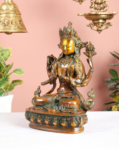 Brass Avalokiteshvara Tibetan Buddha Statue – 4 Armed Chenrezig Dual Tone Bodhisattva 20" - Budhshiv.com