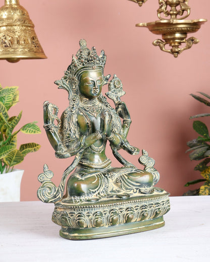 Brass Avalokiteshvara Tibetan Buddha Statue – 4 Armed Chenrezig green Tone Bodhisattva 20" - Budhshiv.com