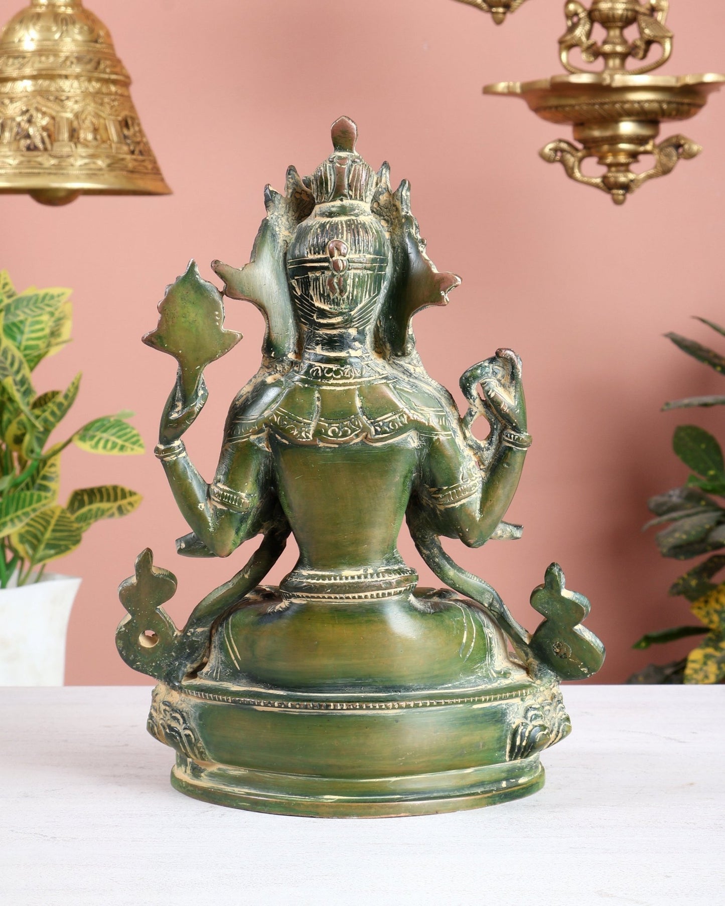 Brass Avalokiteshvara Tibetan Buddha Statue – 4 Armed Chenrezig green Tone Bodhisattva 20" - Budhshiv.com