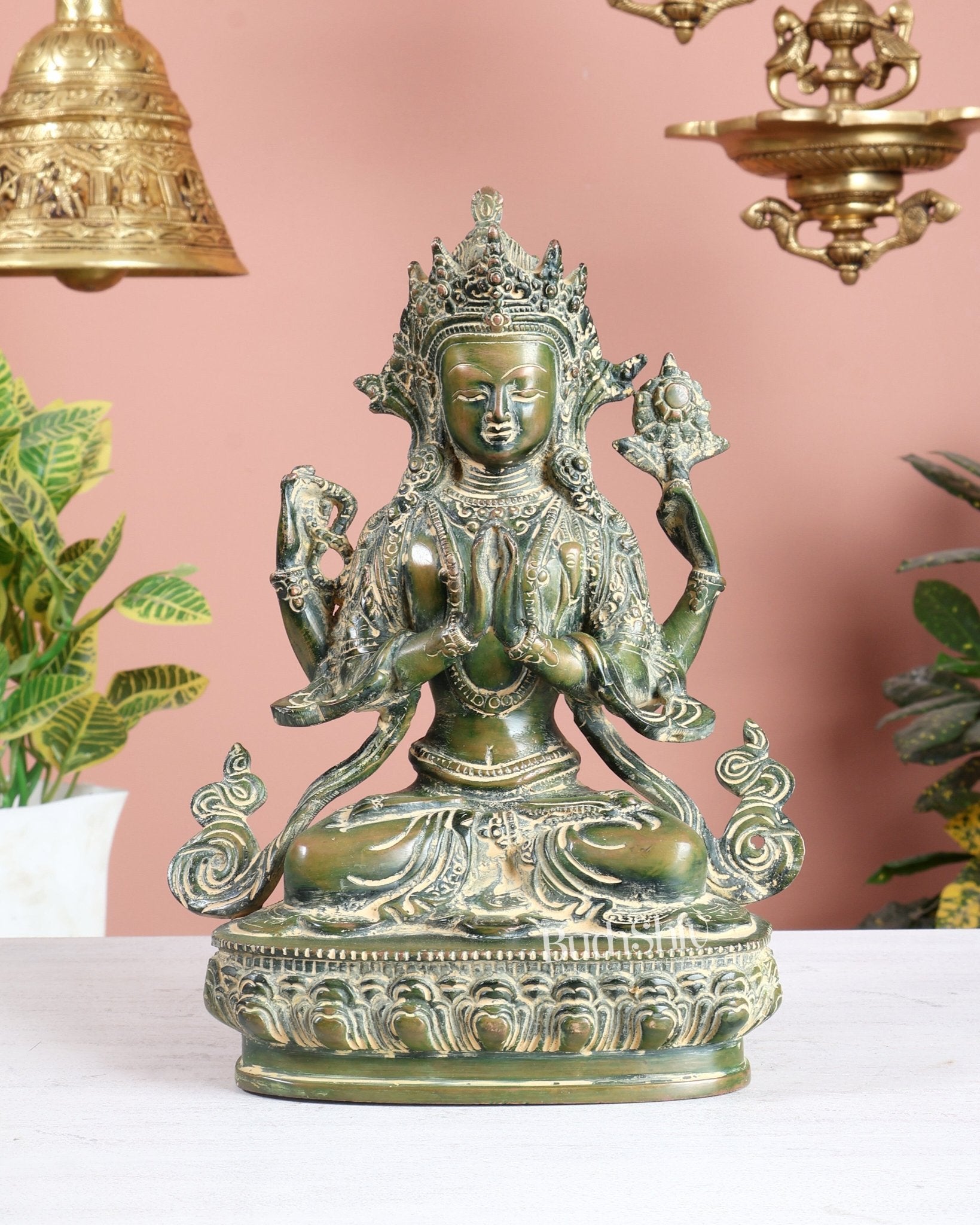 Brass Avalokiteshvara Tibetan Buddha Statue – 4 Armed Chenrezig green Tone Bodhisattva 20" - Budhshiv.com