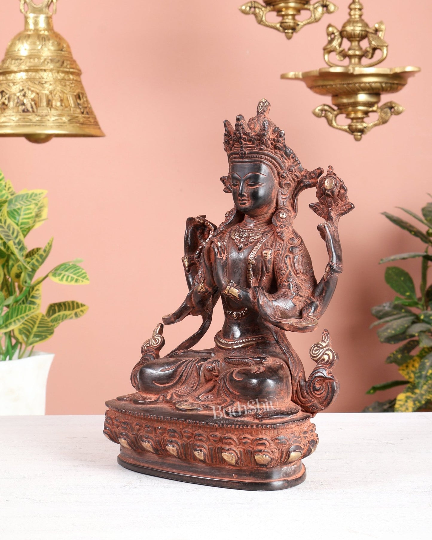 Brass Avalokiteshvara Tibetan Buddha Statue – 4 Armed Chenrezig red sand Tone Bodhisattva 20" - Budhshiv.com