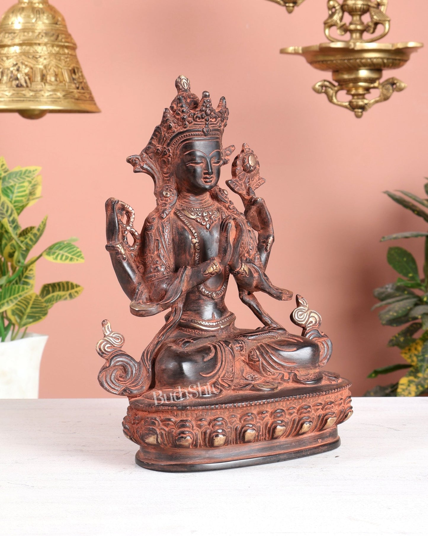 Brass Avalokiteshvara Tibetan Buddha Statue – 4 Armed Chenrezig red sand Tone Bodhisattva 20" - Budhshiv.com