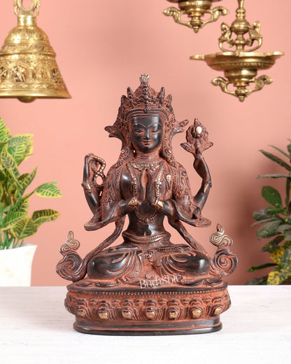 Brass Avalokiteshvara Tibetan Buddha Statue – 4 Armed Chenrezig red sand Tone Bodhisattva 20" - Budhshiv.com