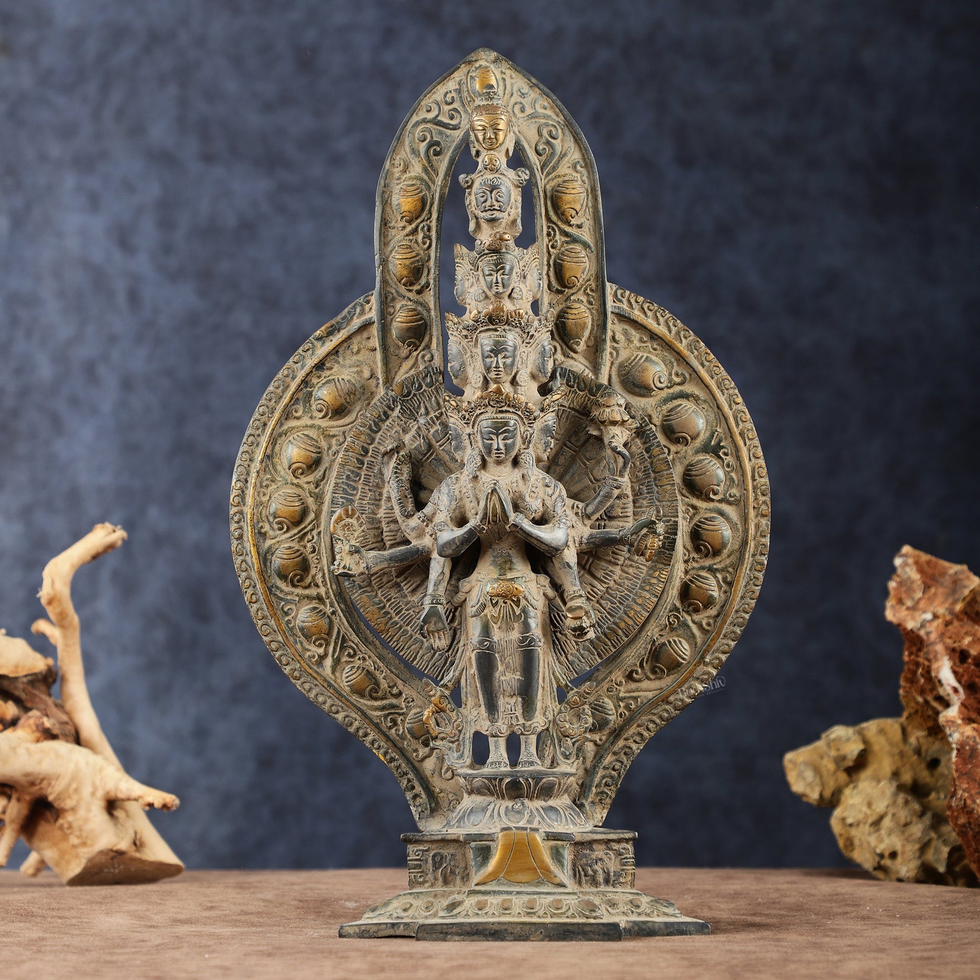 Brass Avlokeswar Sculpture – 14" Height, Vintage Sand Blast Patina, Heat Treated - Budhshiv.com