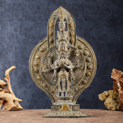 Brass Avlokeswar Sculpture – 14" Height, Vintage Sand Blast Patina, Heat Treated - Budhshiv.com