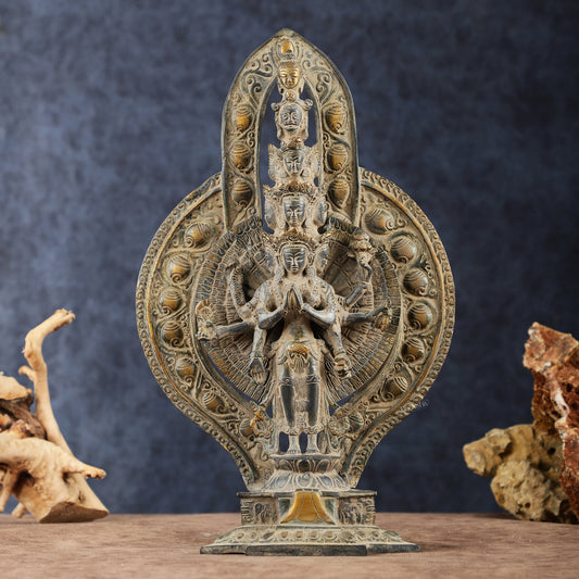 Brass Avlokeswar Sculpture – 14" Height, Vintage Sand Blast Patina, Heat Treated - Budhshiv.com