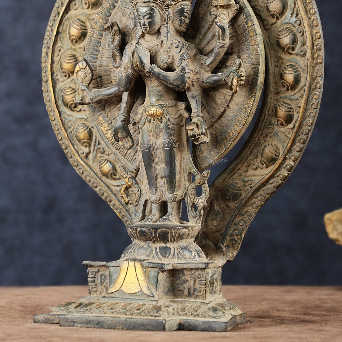 Brass Avlokeswar Sculpture – 14" Height, Vintage Sand Blast Patina, Heat Treated - Budhshiv.com