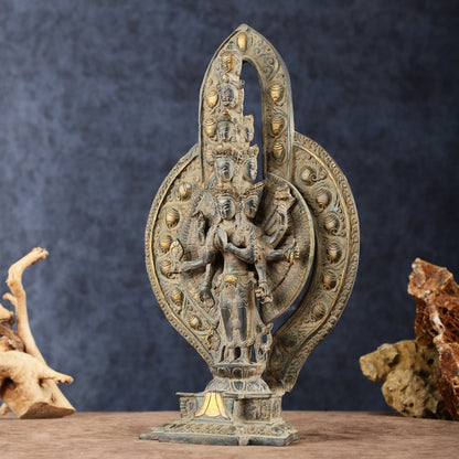 Brass Avlokeswar Sculpture – 14" Height, Vintage Sand Blast Patina, Heat Treated - Budhshiv.com
