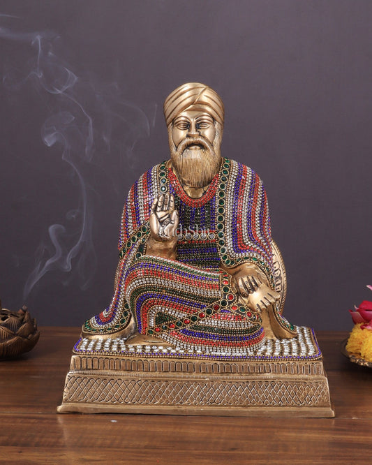 Brass Baba Guru Nanak Dev Ji Statue - Sacred Sikh Religious Sculpture 11 inch jewelled up meenakari - Budhshiv.com