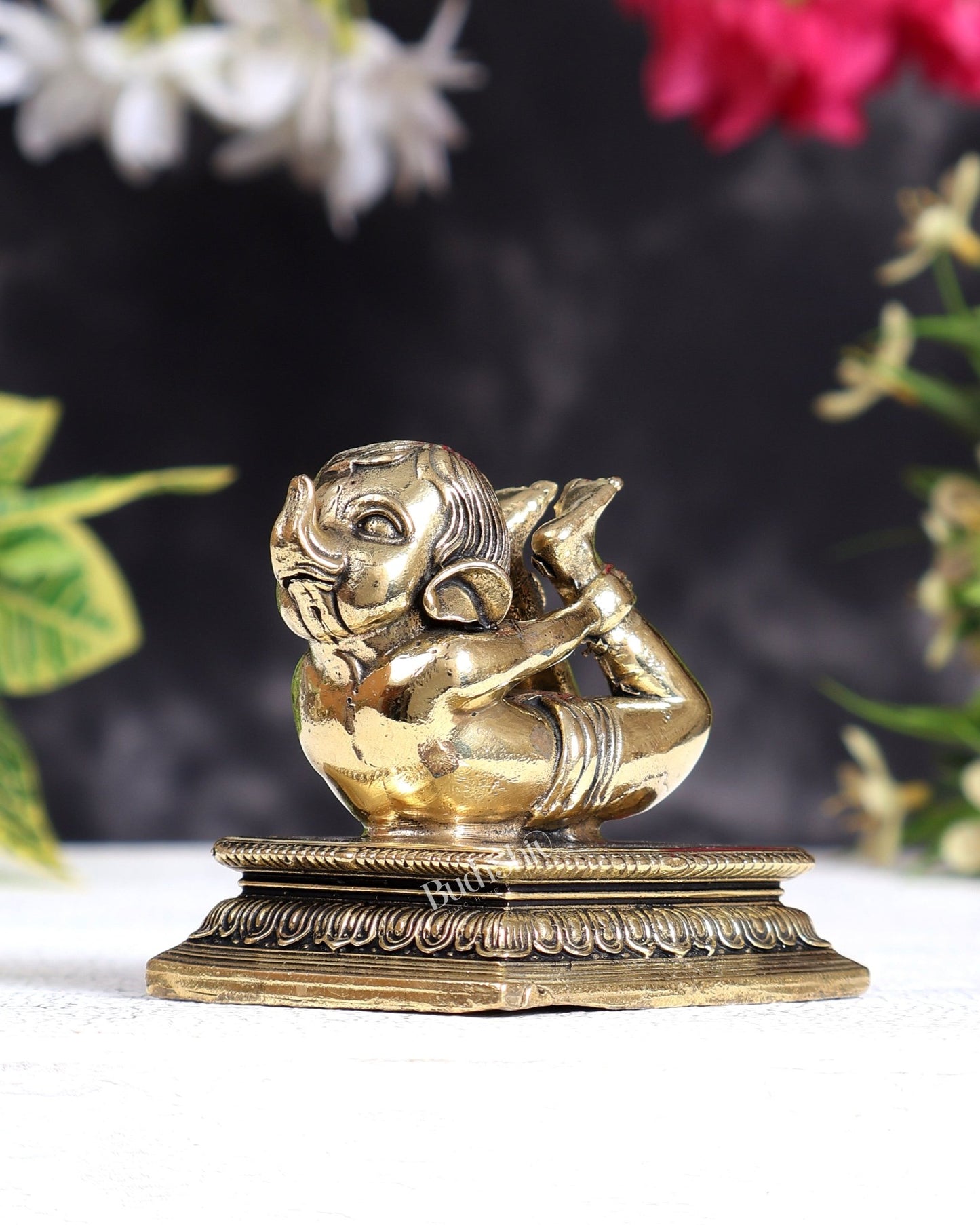 Brass Baby Ganesha Yoga Pose Idol with Base | Pure Brass Miniature Sculpture 4 inches wide - Budhshiv.com