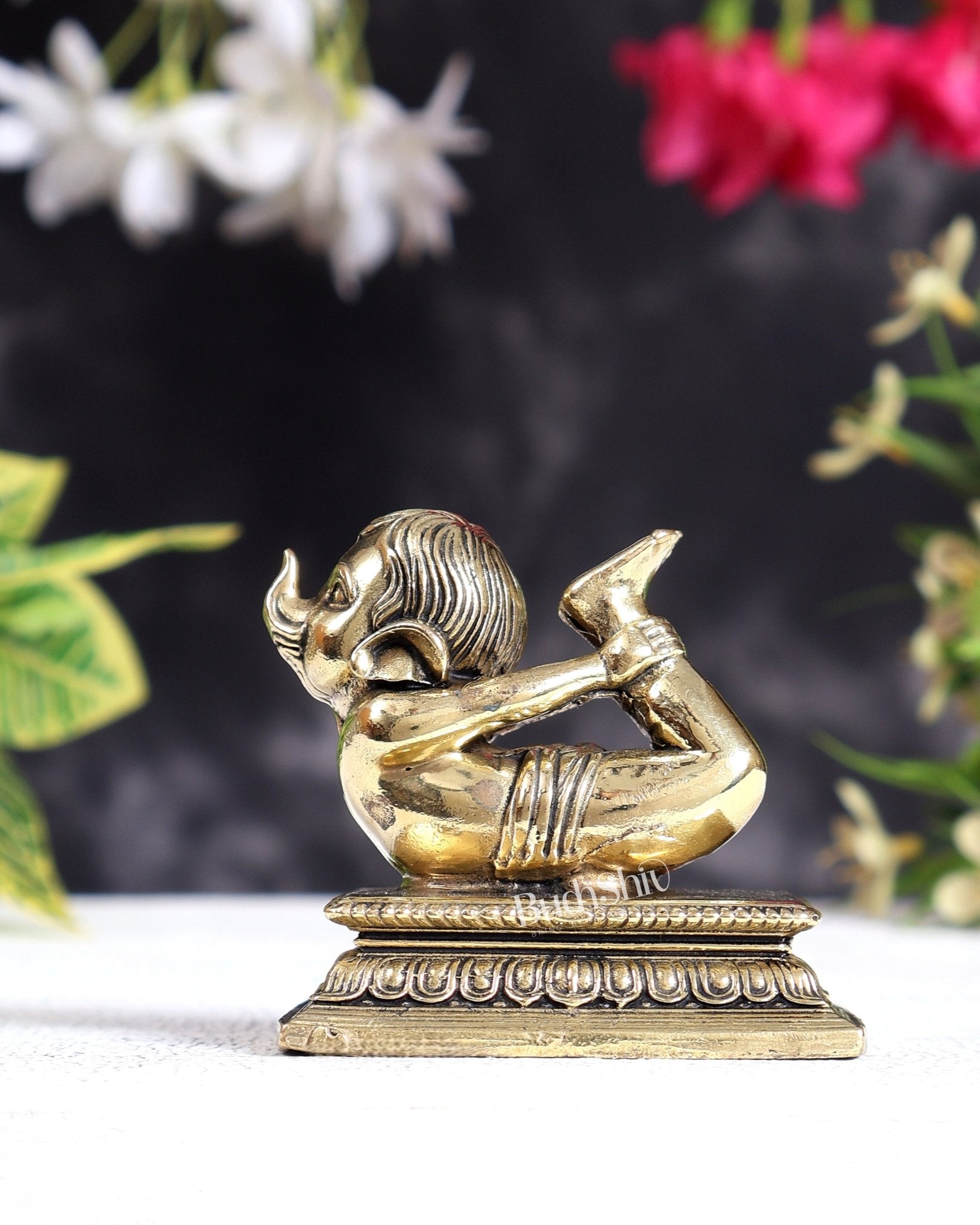 Brass Baby Ganesha Yoga Pose Idol with Base | Pure Brass Miniature Sculpture 4 inches wide - Budhshiv.com