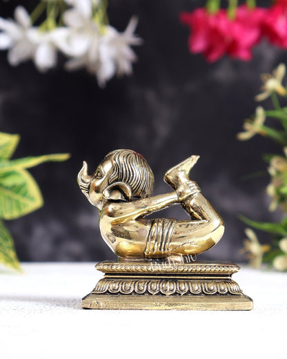 Brass Baby Ganesha Yoga Pose Idol with Base | Pure Brass Miniature Sculpture 4 inches wide - Budhshiv.com
