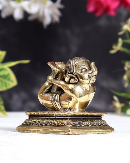 Brass Baby Ganesha Yoga Pose Idol with Base | Pure Brass Miniature Sculpture 4 inches wide - Budhshiv.com
