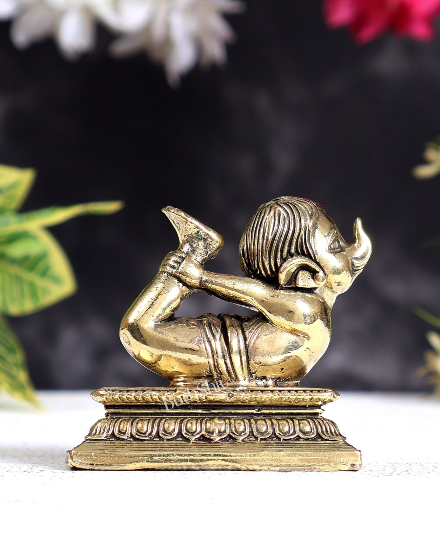 Brass Baby Ganesha Yoga Pose Idol with Base | Pure Brass Miniature Sculpture 4 inches wide - Budhshiv.com