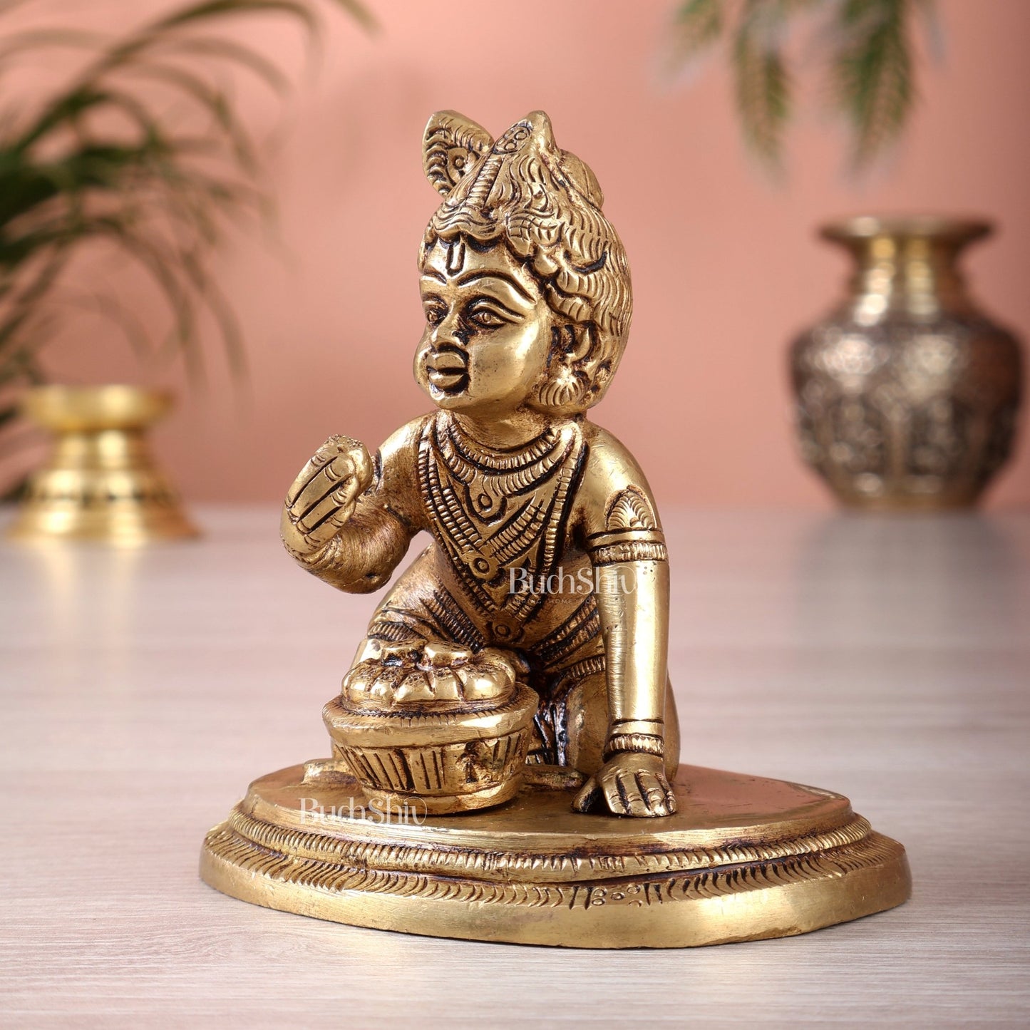 Brass Baby krishna Makhan Chor Bal Gopal Murti | Height 3.5 inch - Budhshiv.com