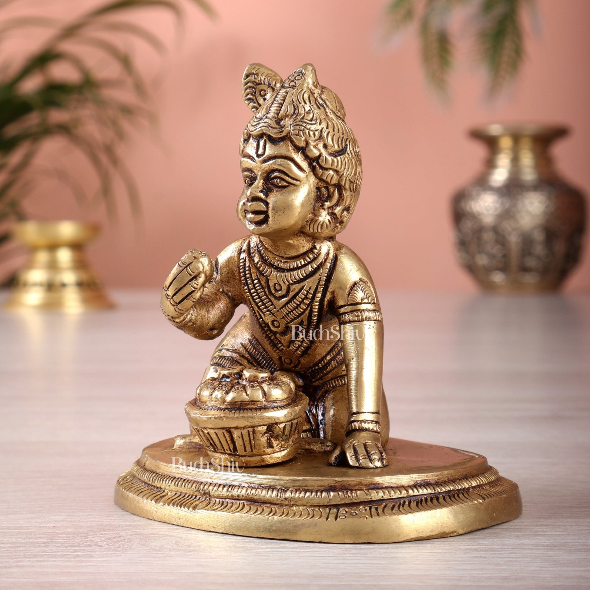 Brass Baby krishna Makhan Chor Bal Gopal Murti | Height 3.5 inch - Budhshiv.com