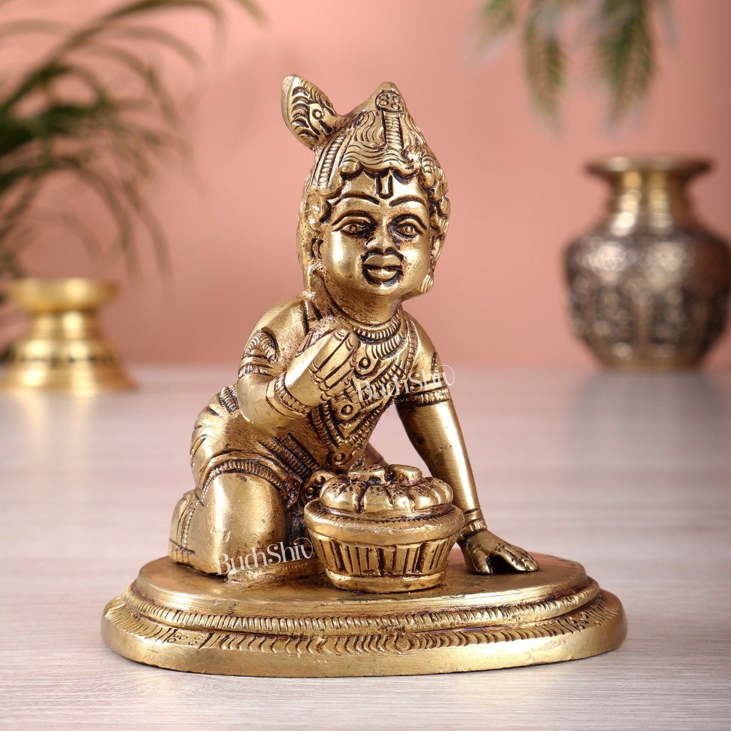 Brass Baby krishna Makhan Chor Bal Gopal Murti | Height 3.5 inch - Budhshiv.com