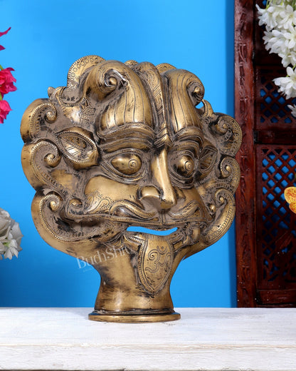 Brass Bhairava Face Bust Statue | Vintage Tone Kaal Bhairav Mukha Temple Sculpture 14 inch Rustic patina tone - Budhshiv.com