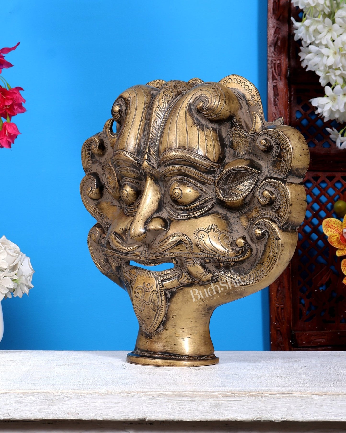 Brass Bhairava Face Bust Statue | Vintage Tone Kaal Bhairav Mukha Temple Sculpture 14 inch Rustic patina tone - Budhshiv.com