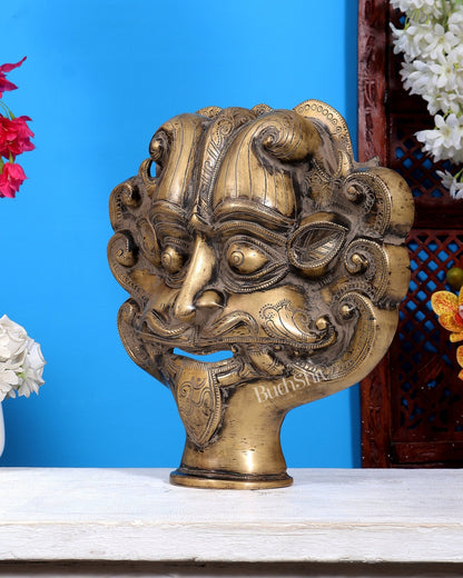 Brass Bhairava Face Bust Statue | Vintage Tone Kaal Bhairav Mukha Temple Sculpture 14 inch Rustic patina tone - Budhshiv.com