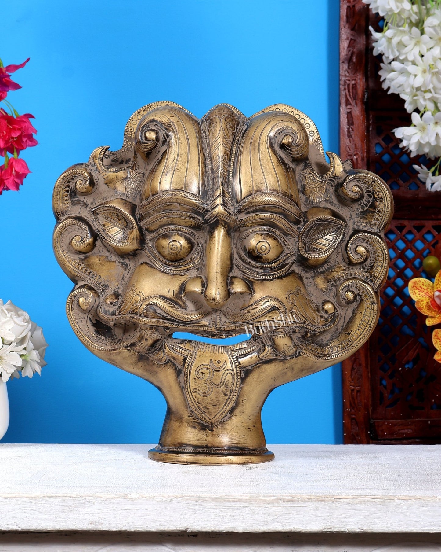 Brass Bhairava Face Bust Statue | Vintage Tone Kaal Bhairav Mukha Temple Sculpture 14 inch Rustic patina tone - Budhshiv.com