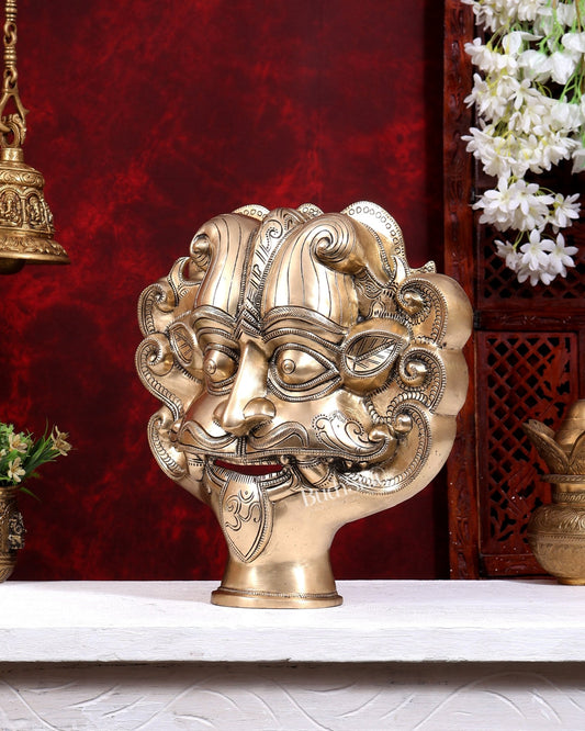 Brass Bhairava Face Bust Statue | Vintage Tone | Pure Brass Kaal Bhairav Mukha Temple Sculpture 14 inch - Budhshiv.com