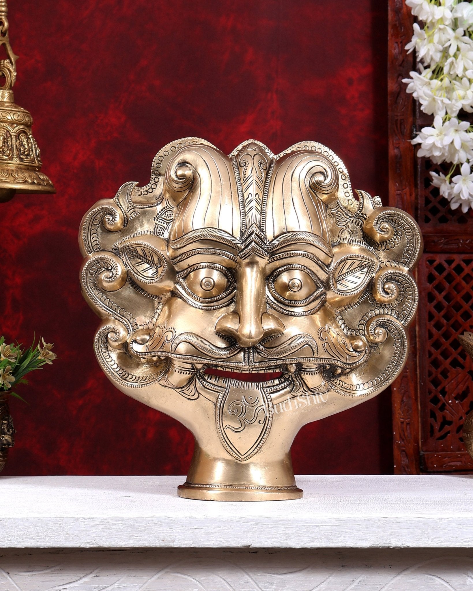 Brass Bhairava Face Bust Statue | Vintage Tone | Pure Brass Kaal Bhairav Mukha Temple Sculpture 14 inch - Budhshiv.com