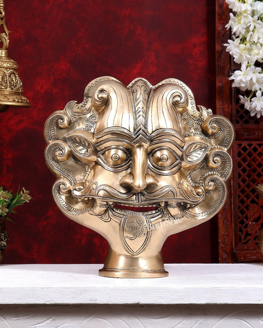 Brass Bhairava Face Bust Statue | Vintage Tone | Pure Brass Kaal Bhairav Mukha Temple Sculpture 14 inch - Budhshiv.com