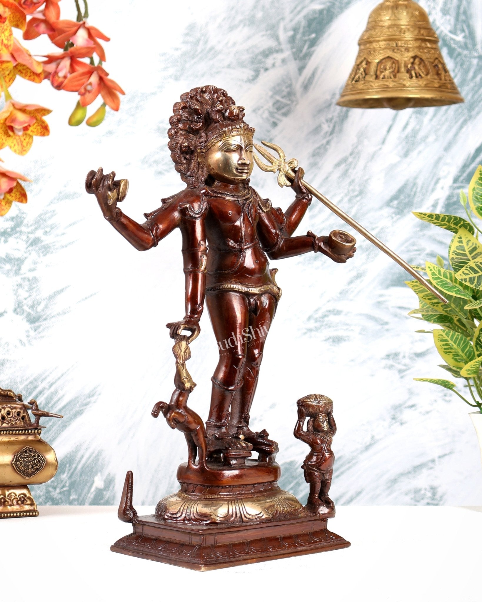 Brass Bhikshatana Kaal Bhairava Shiva Idol - 15 inch dual tone - Budhshiv.com
