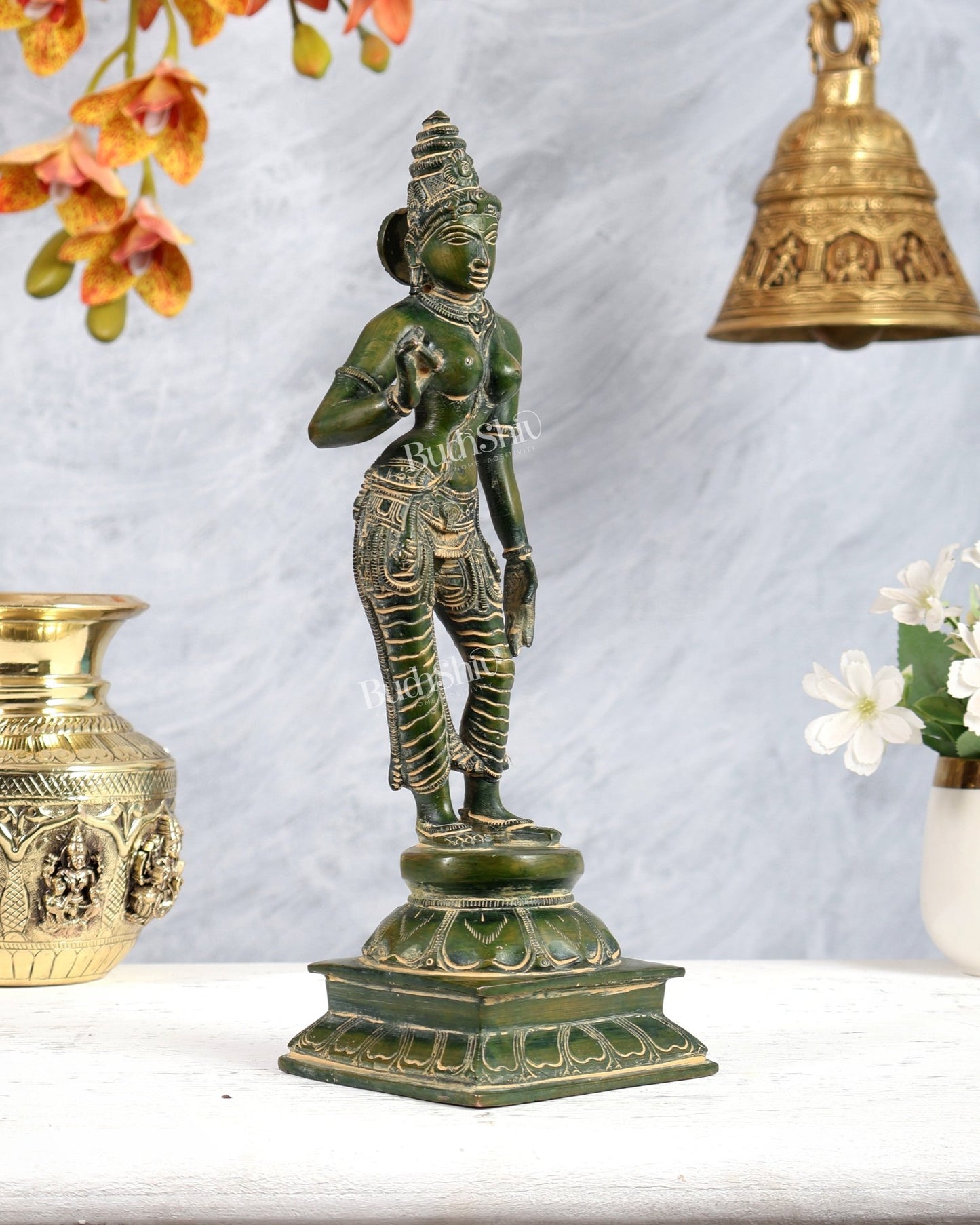 Brass Bhoga shakti Devi Uma Parvati Idol | 10 Inch Green patina - Budhshiv.com