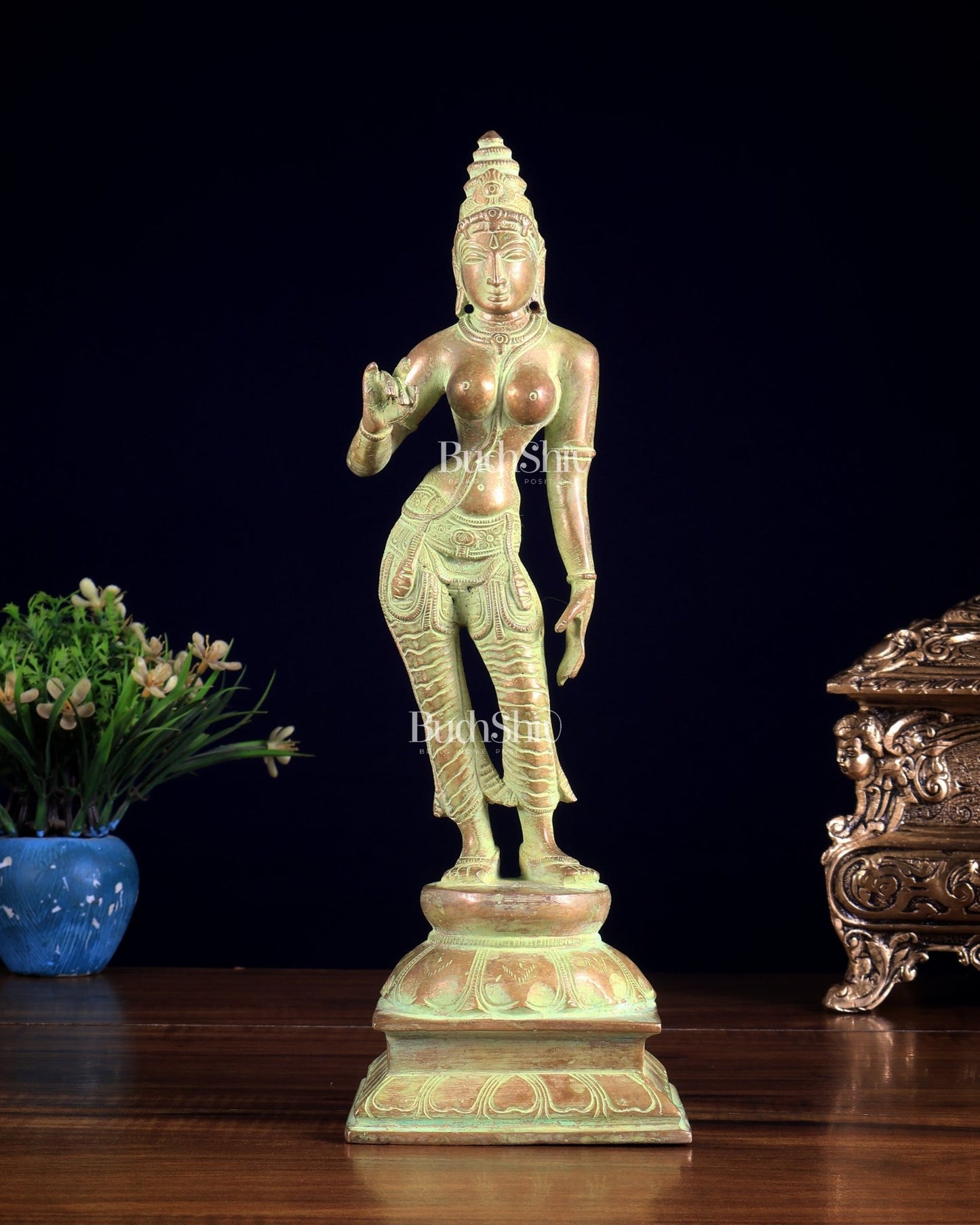 Brass Bhoga shakti Devi Uma Parvati Idol | 10 Inch Green Sand finish - Budhshiv.com