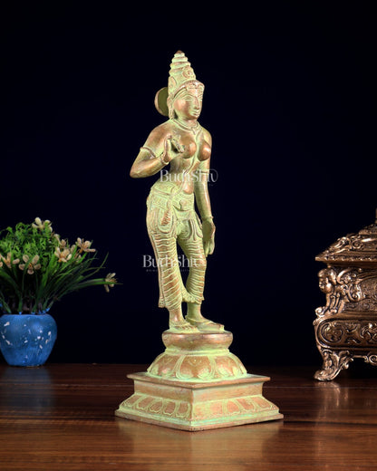 Brass Bhoga shakti Devi Uma Parvati Idol | 10 Inch Green Sand finish - Budhshiv.com