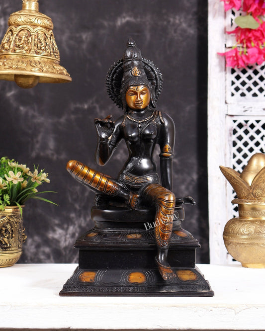 Brass Bhoga Shakti Goddess Uma Parvati Sitting Statue - Black Antique 12.5 inch - Budhshiv.com