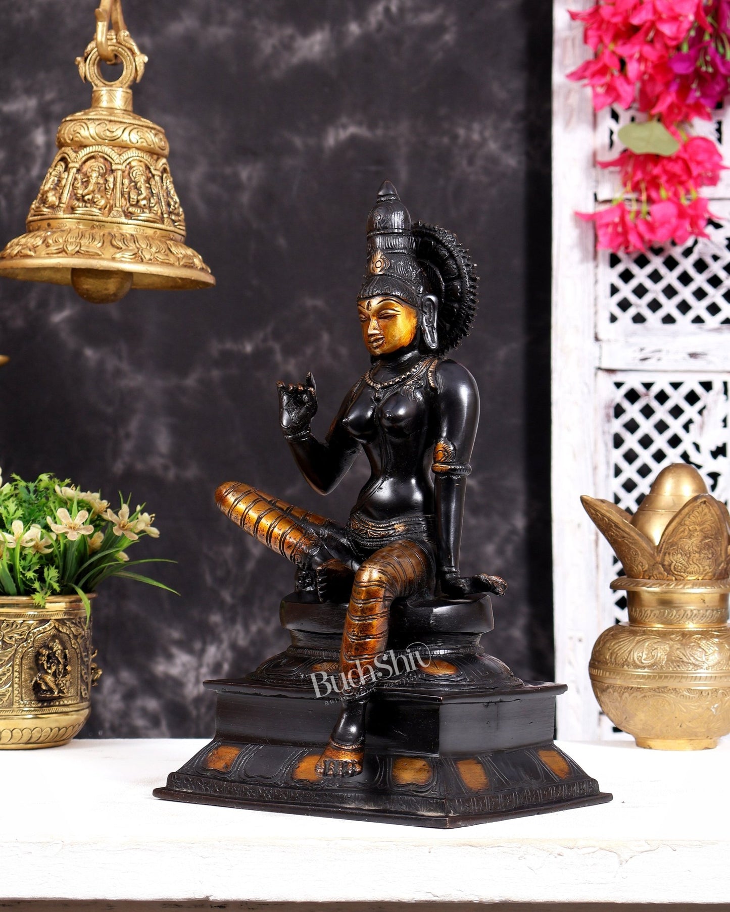 Brass Bhoga Shakti Goddess Uma Parvati Sitting Statue - Black Antique 12.5 inch - Budhshiv.com