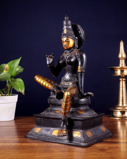Brass Bhoga Shakti Goddess Uma Parvati Sitting Statue - Black Antique 12.5" - Budhshiv.com