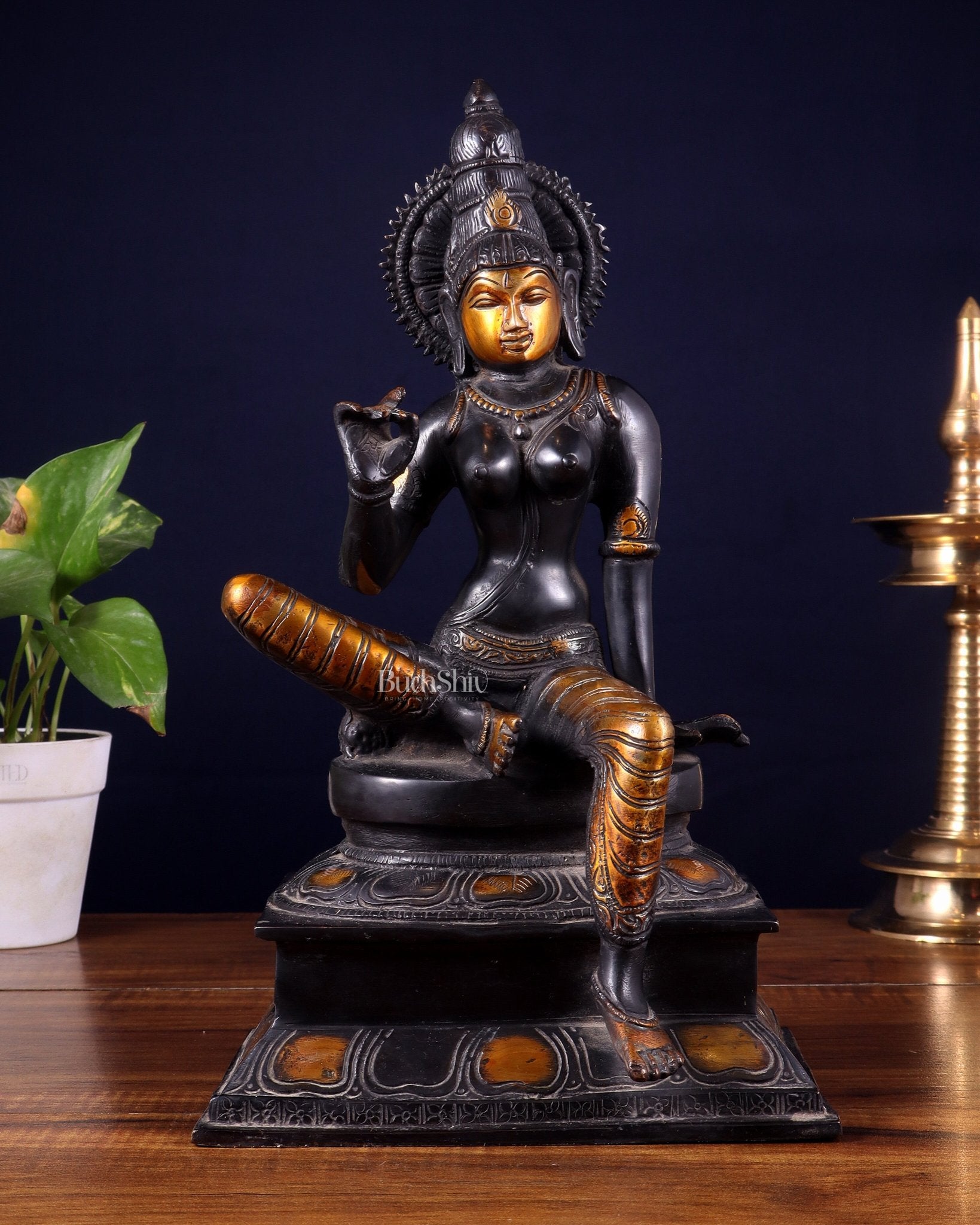 Brass Bhoga Shakti Goddess Uma Parvati Sitting Statue - Black Antique 12.5" - Budhshiv.com
