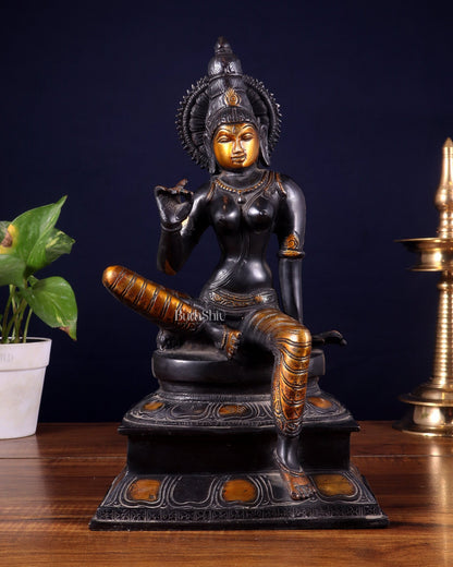 Brass Bhoga Shakti Goddess Uma Parvati Sitting Statue - Black Antique 12.5" - Budhshiv.com