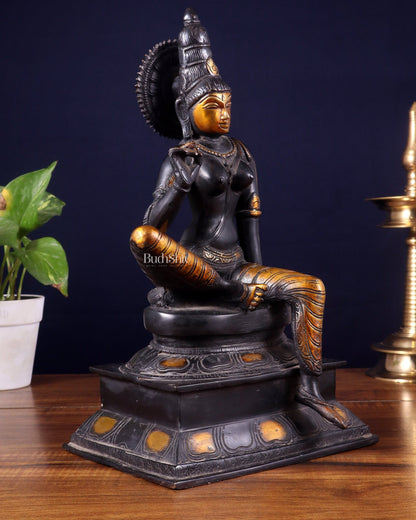 Brass Bhoga Shakti Goddess Uma Parvati Sitting Statue - Black Antique 12.5" - Budhshiv.com