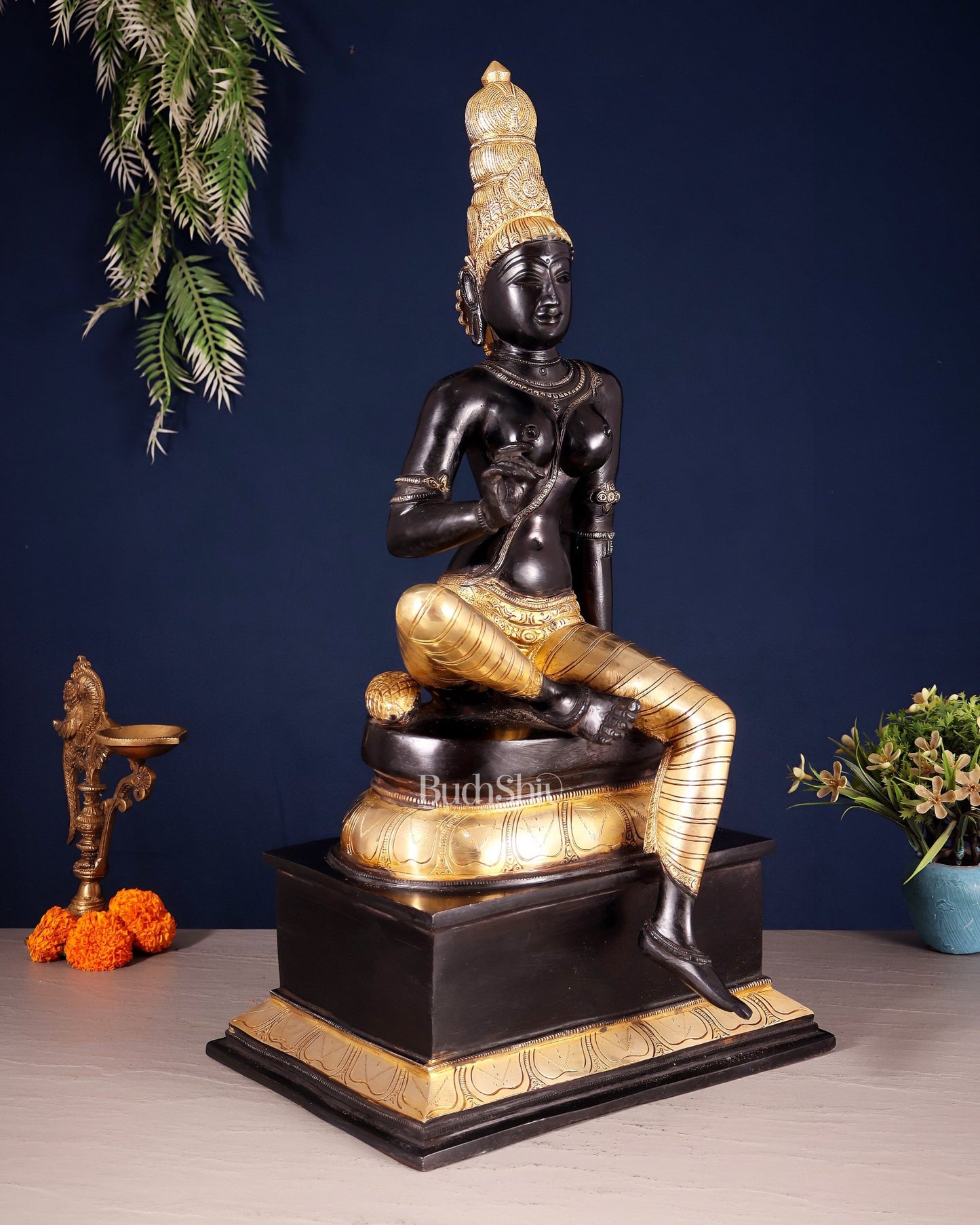 Brass Bhoga Shakti Seated Parvati Uma Devi Sculpture | Height: 20.5 inch black edition - Budhshiv.com